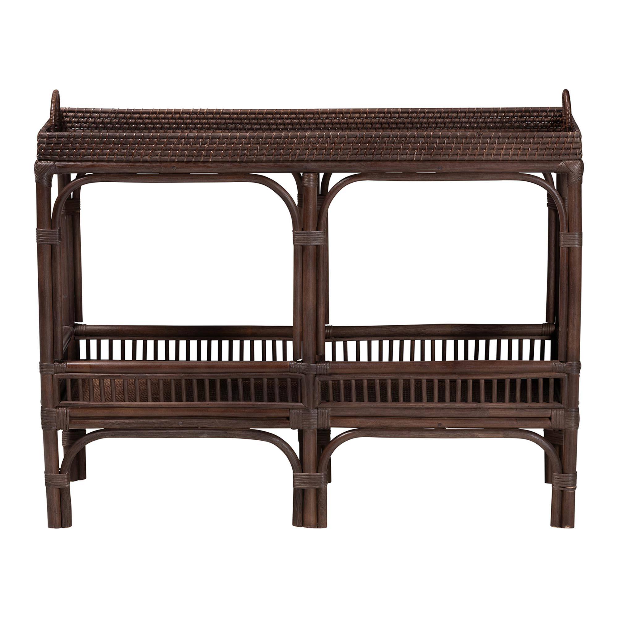 Angle. bali & pari - Lombok Natural Rattan Console Table - Handwoven Wicker 2-Tier Accent Table with Raised Tray Top - Coffee Bean.