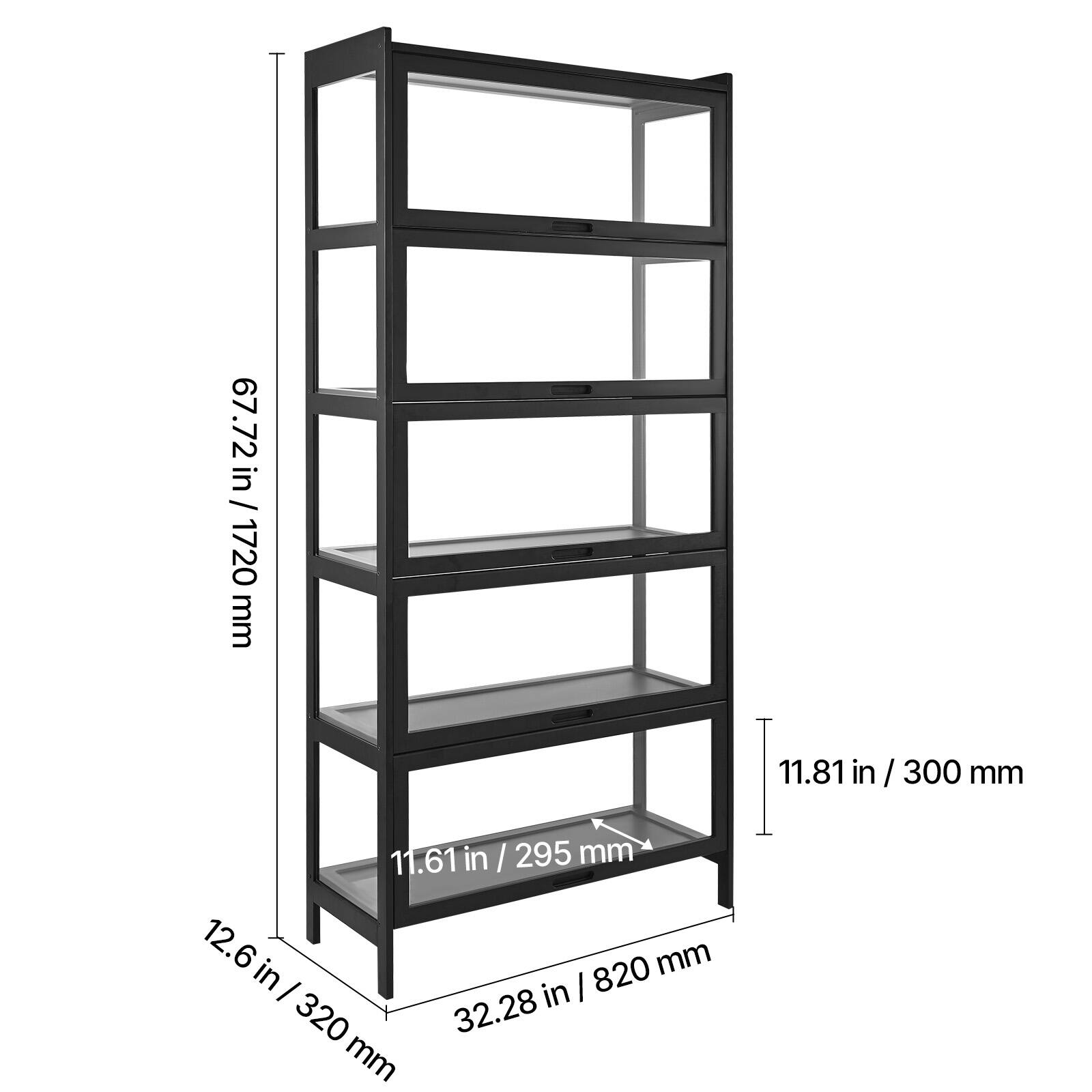 - Height: 67.72 in / 1720 mm
- Width: 12.6 in / 320 mm
- Depth: 11.81 in / 300 mm
- Shelf Depth: 11.61 in / 295 mm
- Shelf Width: 32.28 in / 820 mm
