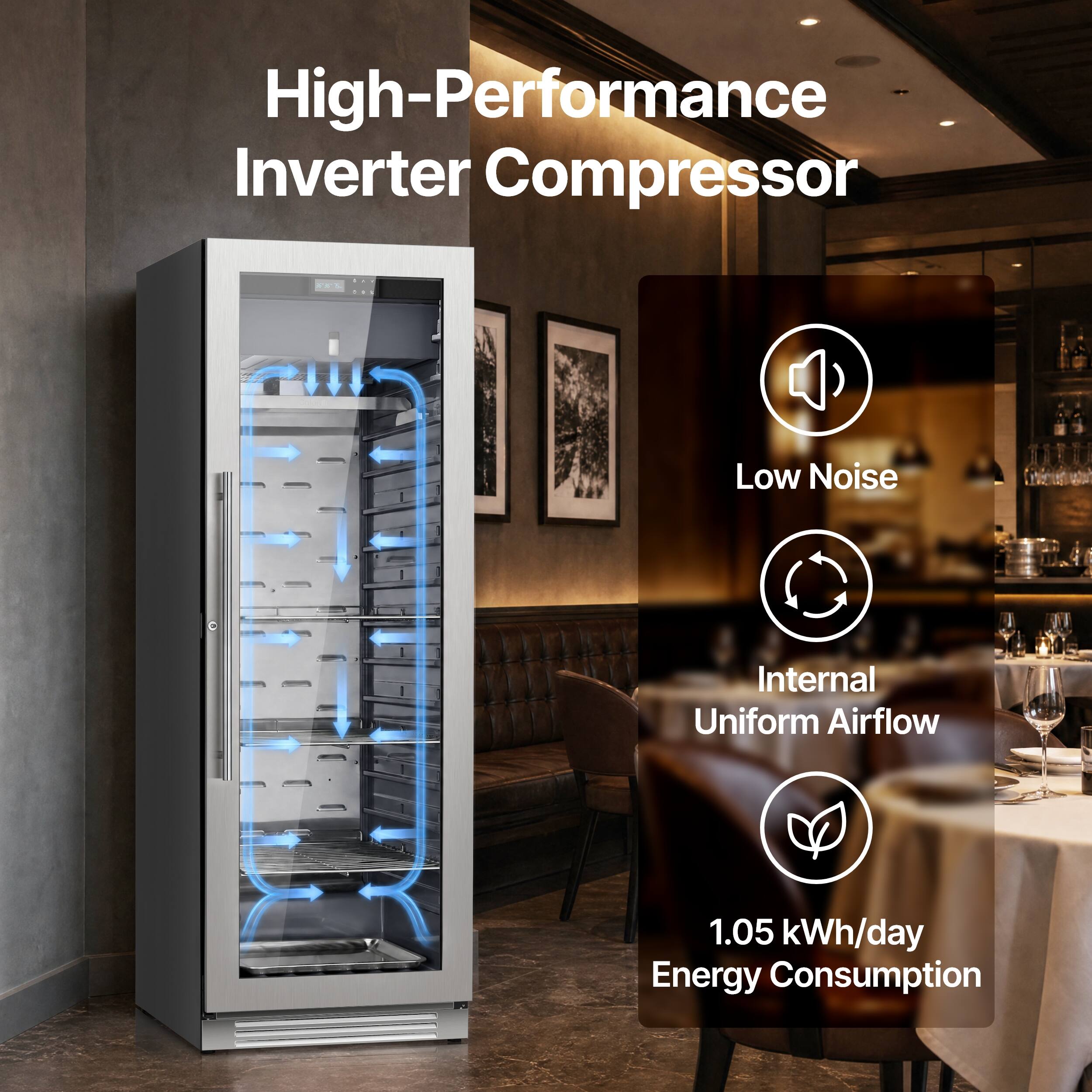 High-Performance Inverter Compressor  
Low Noise  
Internal Uniform Airflow  
1.05 kWh/day Energy Consumption