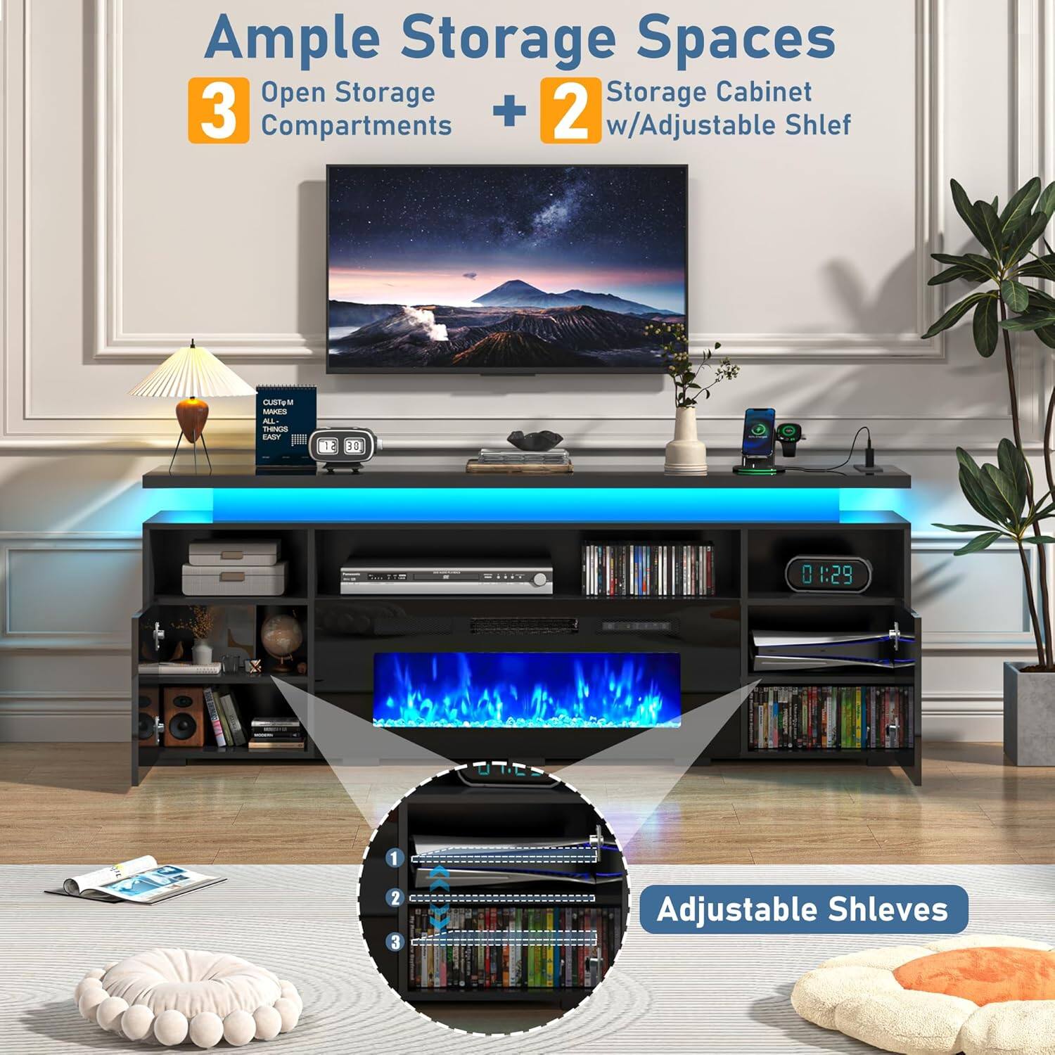 Ample Storage Spaces  
Open Storage  
Storage Cabinet 3 Compartments + 2 w/Adjustable Shelves  
TEr MVES AL nm EAY 18 30 0 1:29  
3 Adjustable Shelves