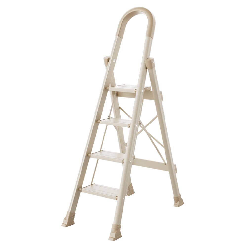 Front. Topteng - 4-Step Folding Ladder - Ultra-Slim Fold, Anti-Slip Pedal & Handrails, 330lb Capacity, Lightweight for Home & Office - Cream.