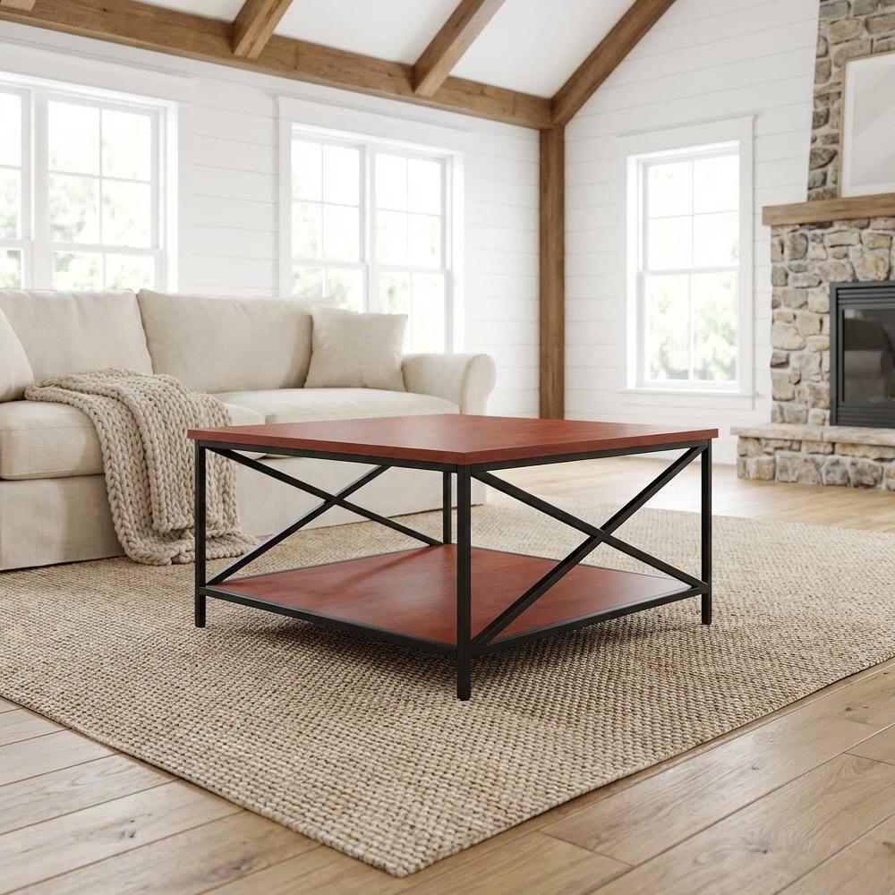 Left. FurniFact - Cherry and Black Metal Square Coffee Table with Shelf and Particle Board Surface - Cherry.