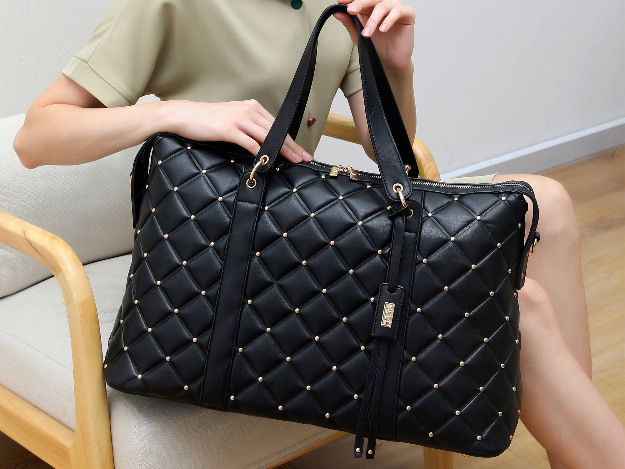 Alt View 2. Badgley Mischka - BADGLEY MISCHKA Quilted Vegan Leather Weekender Duffel Bag - Black.