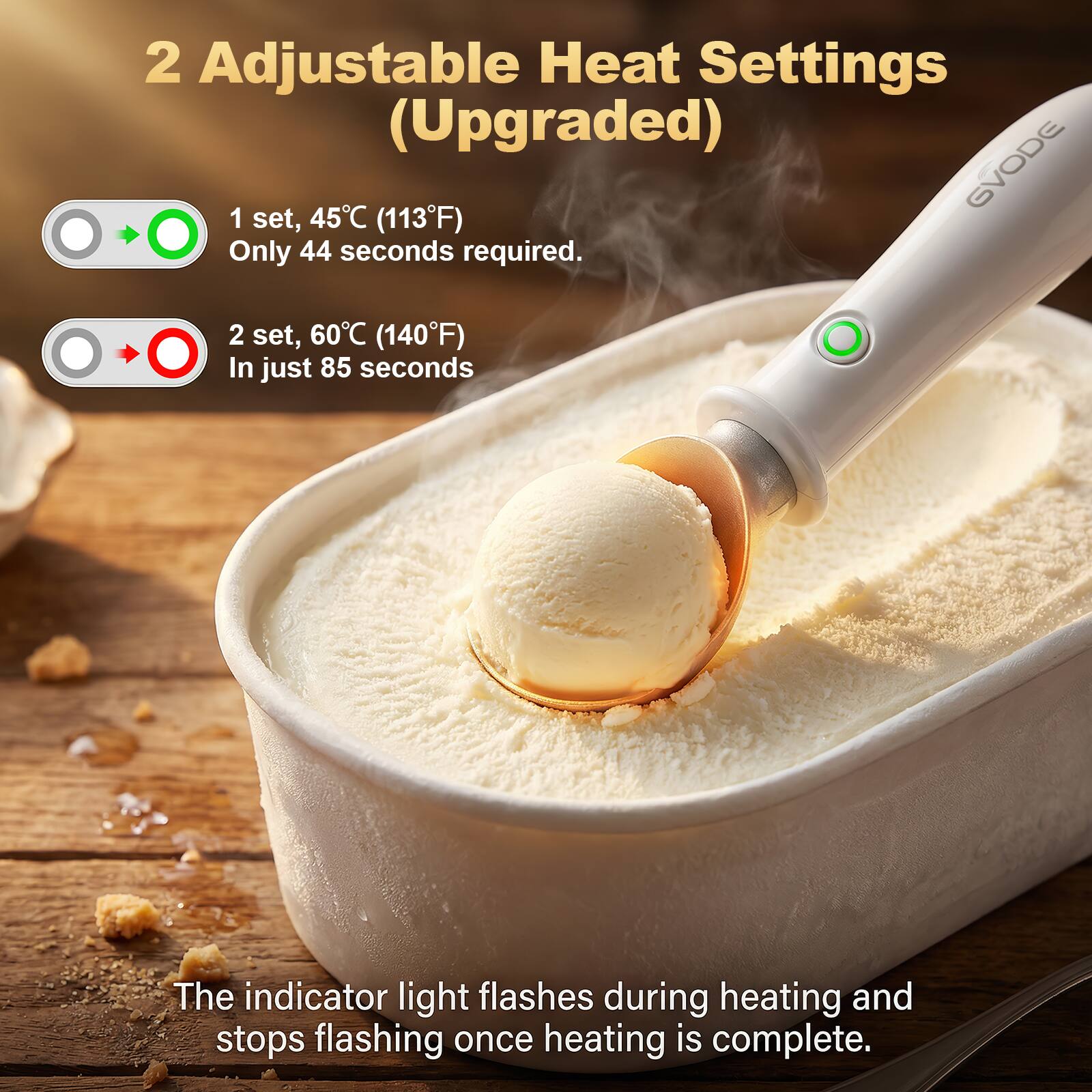 2 Adjustable Heat Settings (Upgraded)

1 set, 45°C (113°F)  
Only 44 seconds required.

2 set, 60°C (140°F)  
In just 85 seconds

The indicator light flashes during heating and stops flashing once heating is complete.