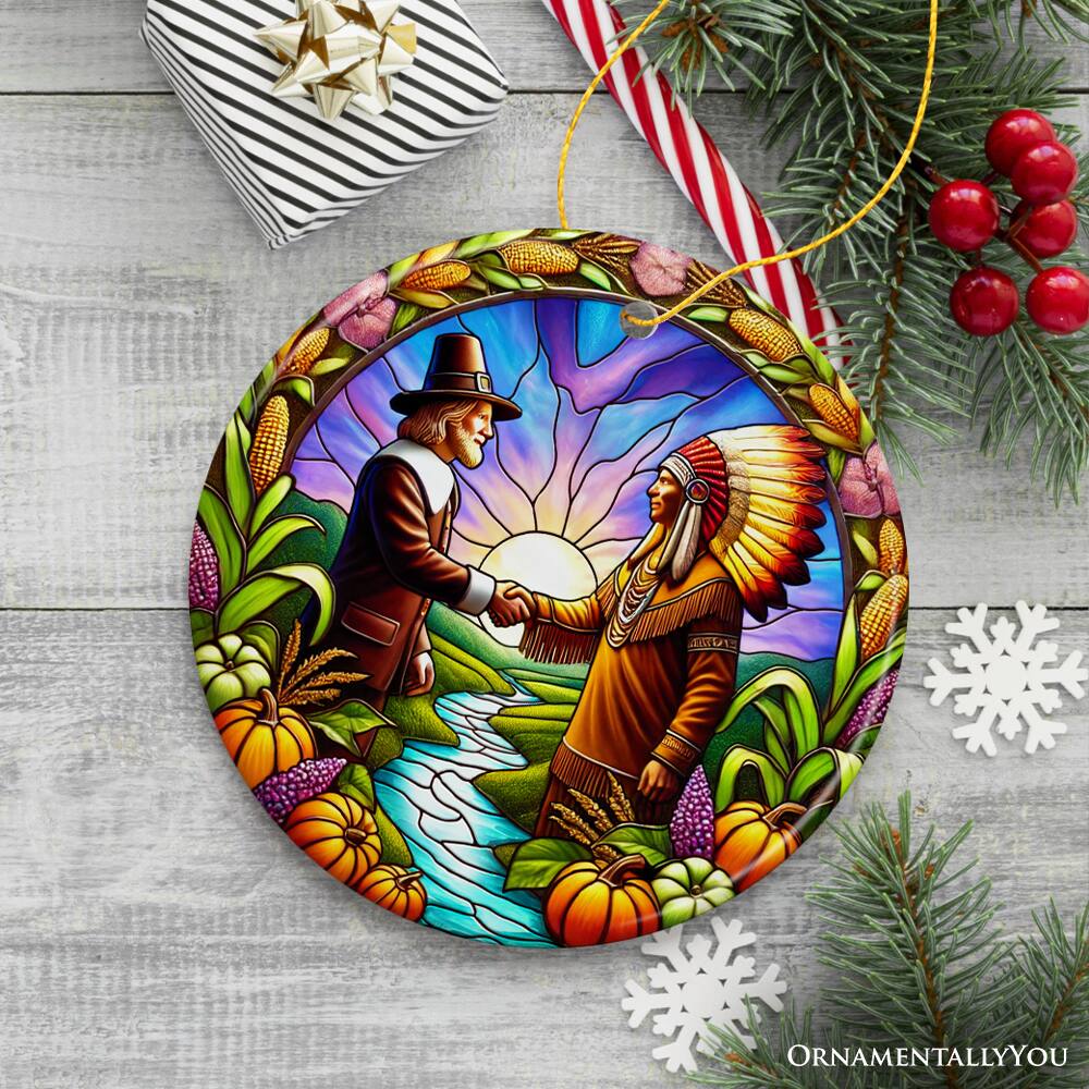 Back. OrnamentallyYou - Pilgrim and Native American Chief Harmonious Unity Ornament Harvest Celebration Keepsake Version 2 - Multi-colored.
