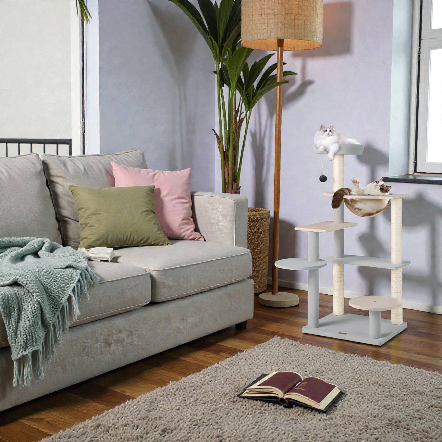 Front. BreeBe - 44" Modern Multi-Level Cat Tower with Detachable Cushioned Top Perch - Natural.