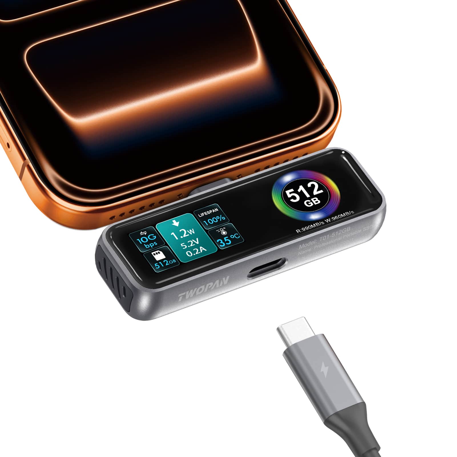 TWOPAN - Mag-Safe iPhone SSD for ProRes 4K Video Shooting, 512GB External Super Storage for iPhone 17/16/15 /iMac/MacBook - Black