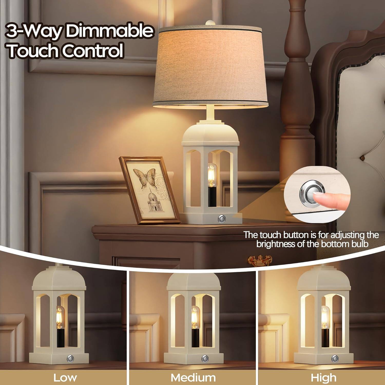3-Way Dimmable Touch Control

The touch button is for adjusting the brightness of the bottom bulb

Low  
Medium  
High