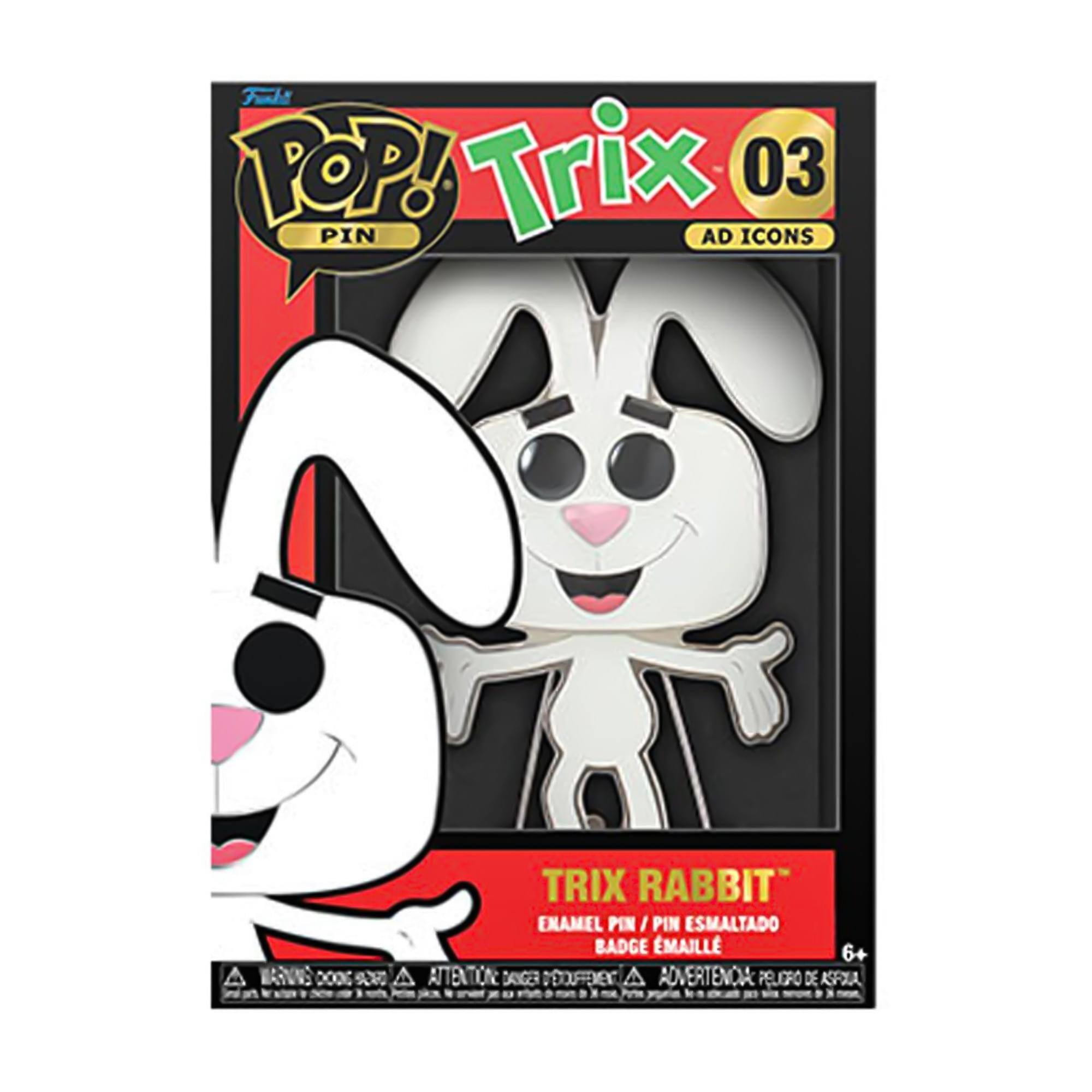 Sure, here is the corrected and grouped text from the image:

---

**POP! PIN**

**Trix 03**

**AD ICONS**

**TRIX RABBIT**

**ENAMEL PIN / PIN ESMALTADO / BADGE ÉMAILLE**

**6+**

**WARNING: CHOKING HAZARD - ATTENTION: DANGER - ADVERTENCIA: PELOJO DE ASPAQUA**

---

This text is organized to reflect the information on the packaging.