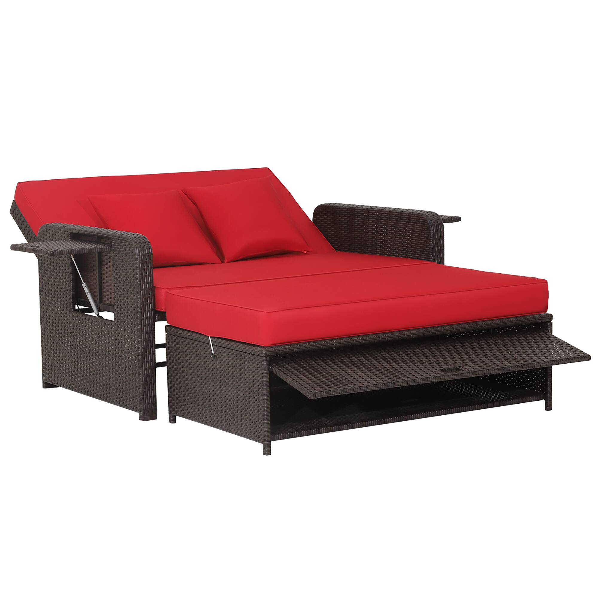 Alt View 2. Costway - Patio Rattan Loveseat Set Daybed Lounge Storage Ottoman Side Tables Adjust - Red + Brown.