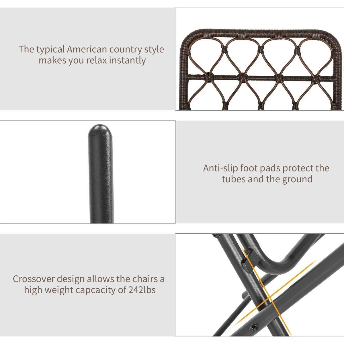 The typical American country style makes you relax instantly

Anti-slip foot pads protect the tubes and the ground

Crossover design allows the chairs a high weight capacity of 242lbs