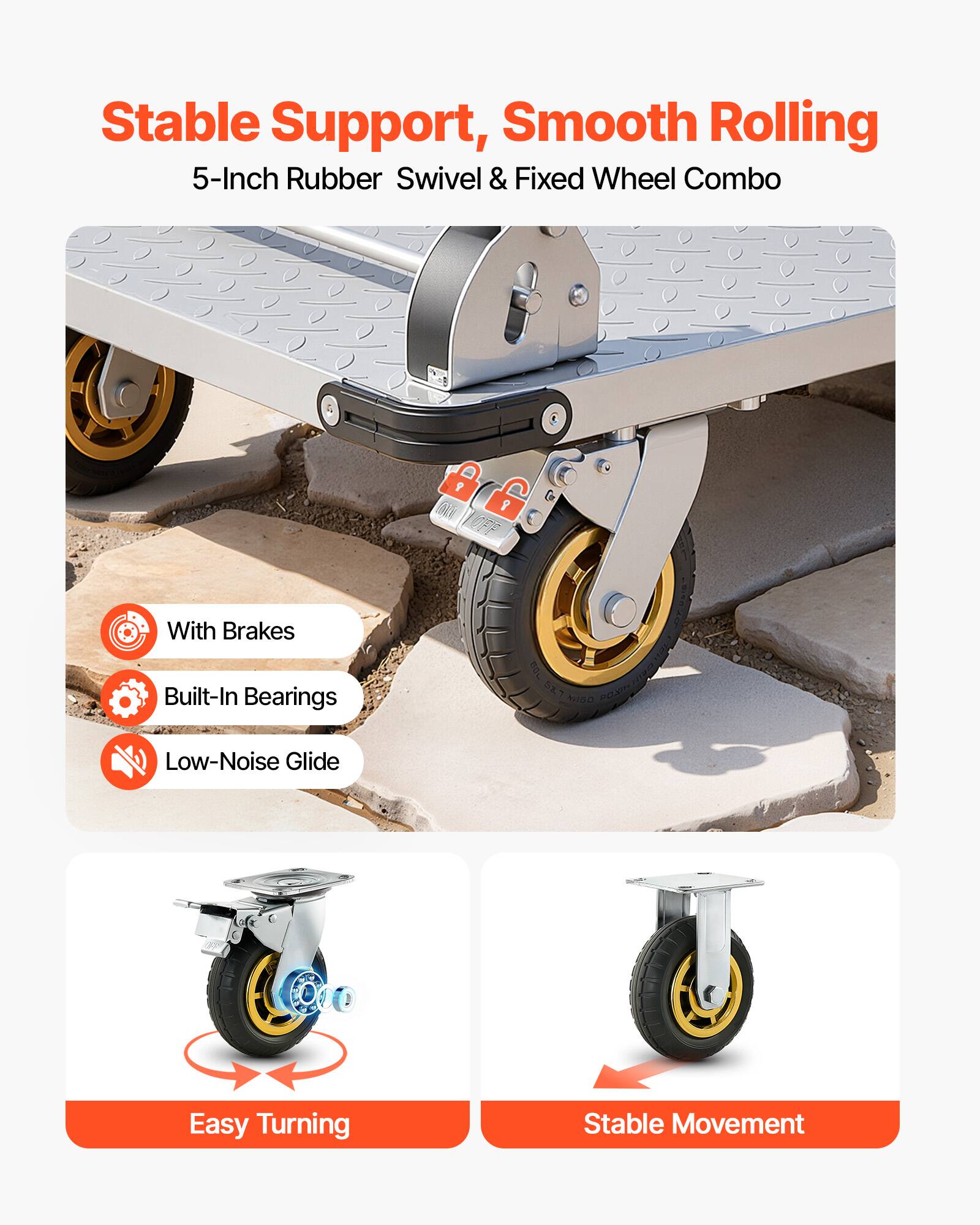 Stable Support, Smooth Rolling  
5-Inch Rubber Swivel & Fixed Wheel Combo  

- With Brakes  
- Built-In Bearings  
- Low-Noise Glide  

Easy Turning  
Stable Movement