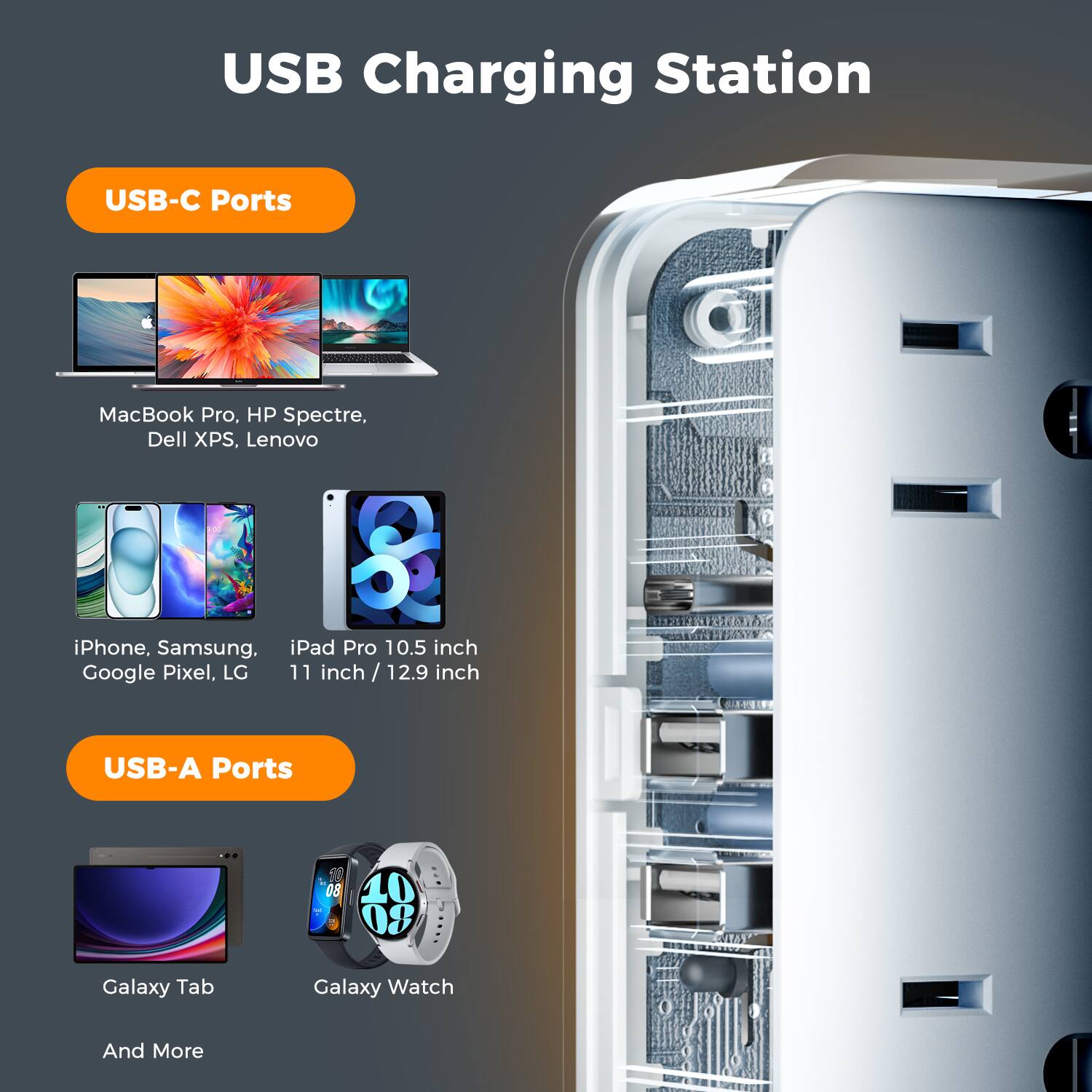 USB Charging Station

USB-C Ports
- MacBook Pro
- HP Spectre
- Dell XPS
- Lenovo
- iPhone
- Samsung
- Google Pixel
- LG
- iPad Pro 10.5 inch
- 11 inch / 12.9 inch

USB-A Ports
- Galaxy Tab
- Galaxy Watch
- And More