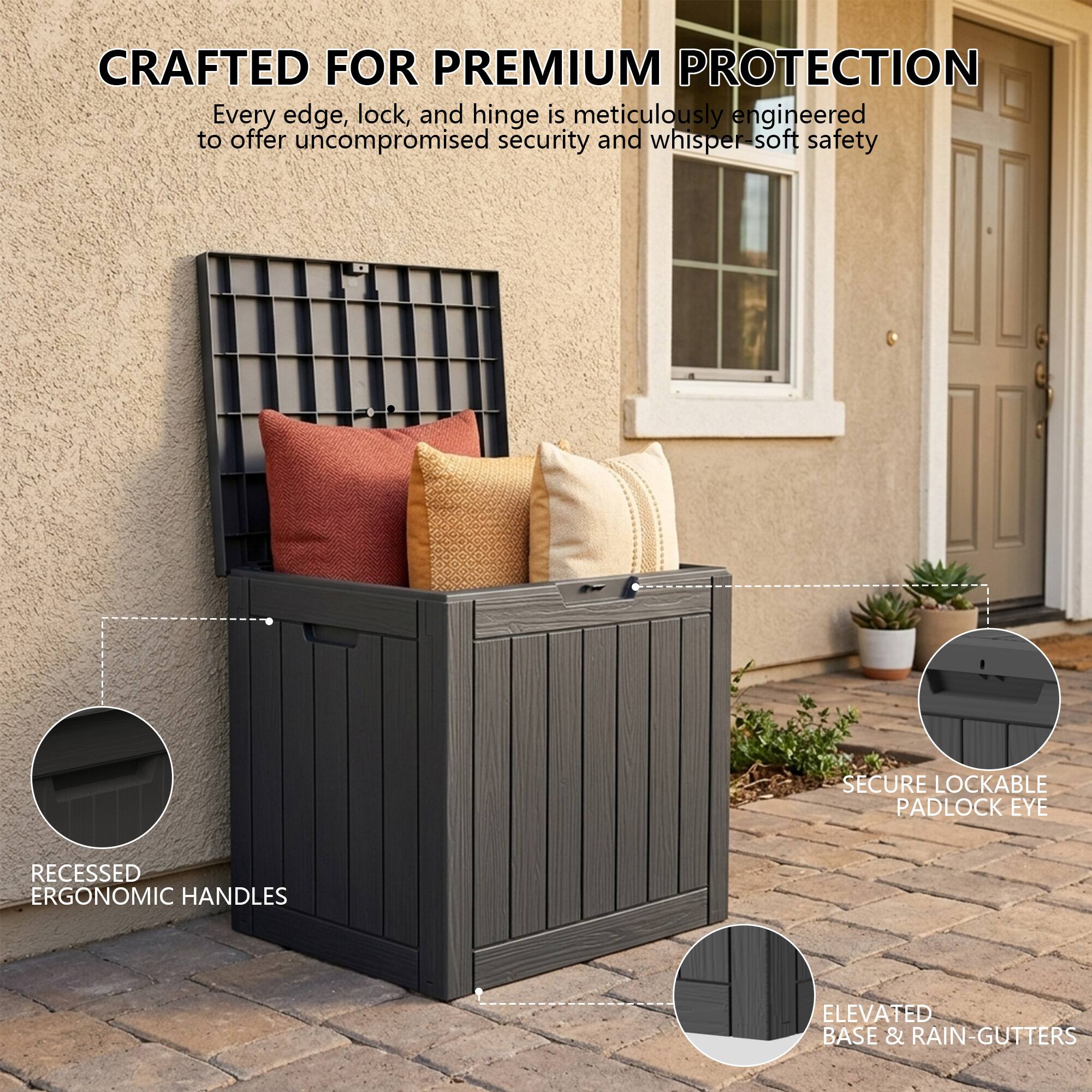 CRAFTED FOR PREMIUM PROTECTION  
Every edge, lock, and hinge is meticulously engineered to offer uncompromised security and whisper-soft safety

- SECURE LOCKABLE PADLOCK EYE
- RECESSED ERGONOMIC HANDLES
- ELEVATED BASE & RAIN-GUTTERS