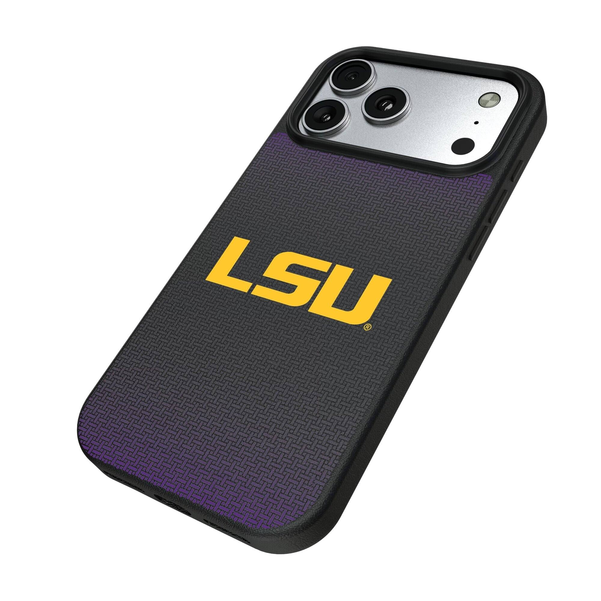 Alt View 1. Keyscaper - LSU Tigers Linen Logo iPhone Magnetic Bump Case - 15 Pro - Black.
