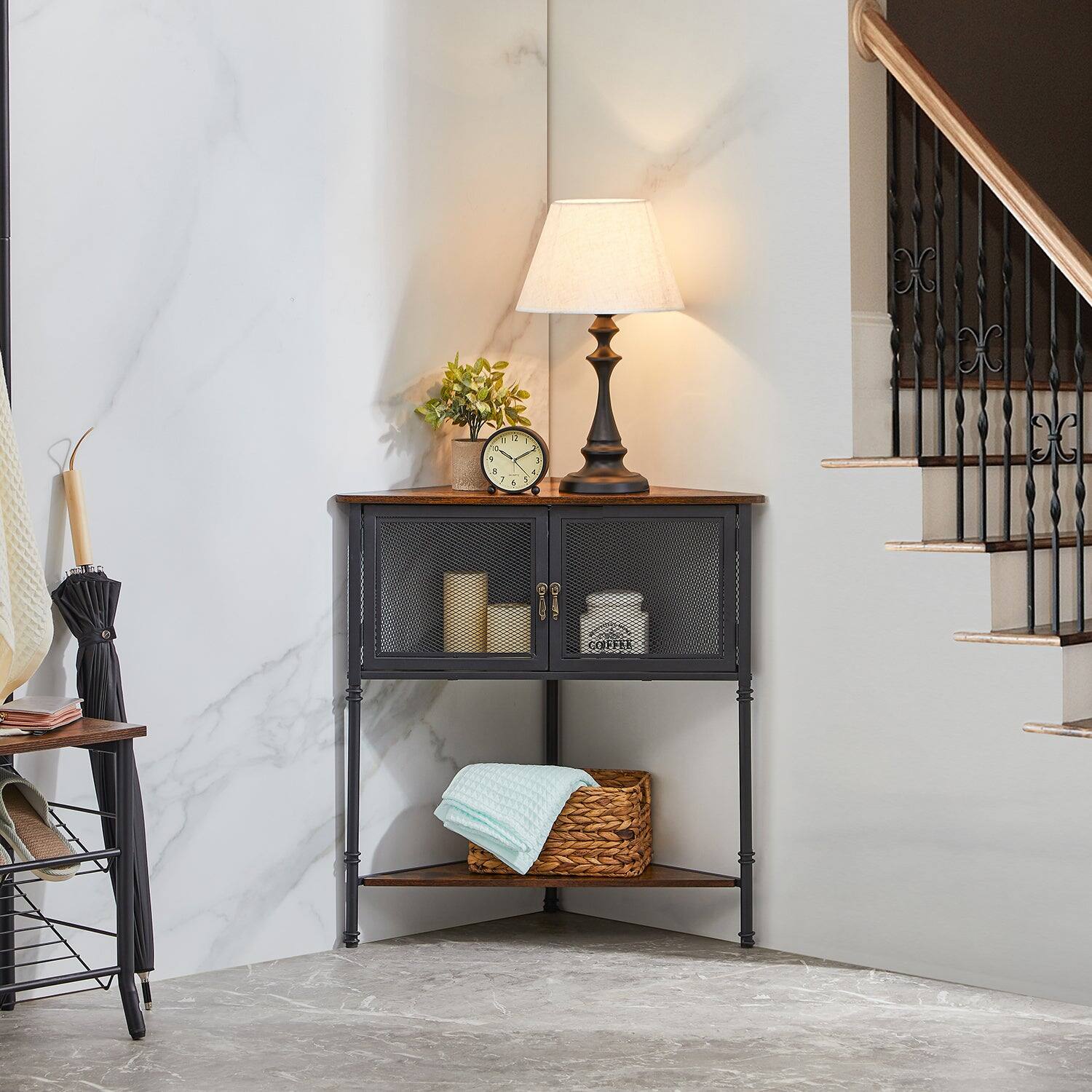 Front. Vecelo - Modern Triangle Corner Storage Cabinet with Doors, Small Corner Cabinet with Shelves for Bathroom, Living Room - Brown.