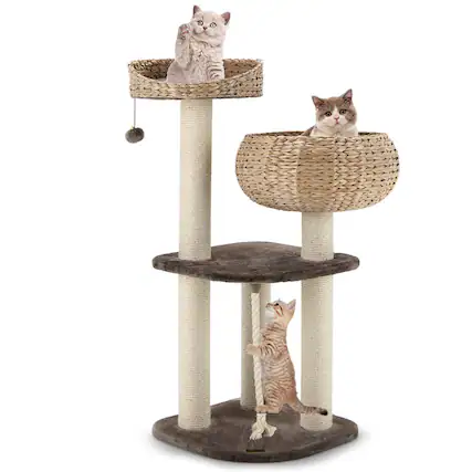 Front. Gymax - Gymax 41'' Hand-Made Cat Tree Tower Natural Bowl Shaped w/ 2 Perch.