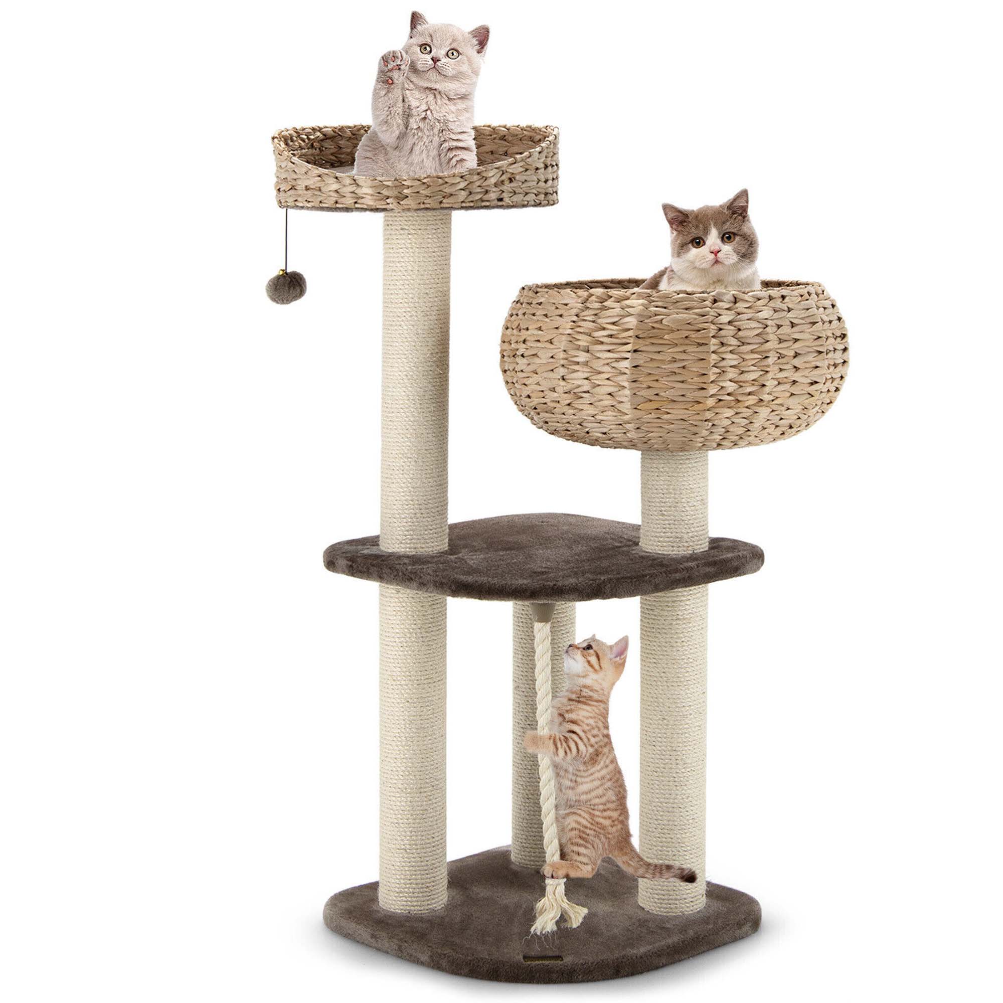 Gymax - 41'' Hand-Made Cat Tree Tower Natural Bowl Shaped w/ 2 Perch