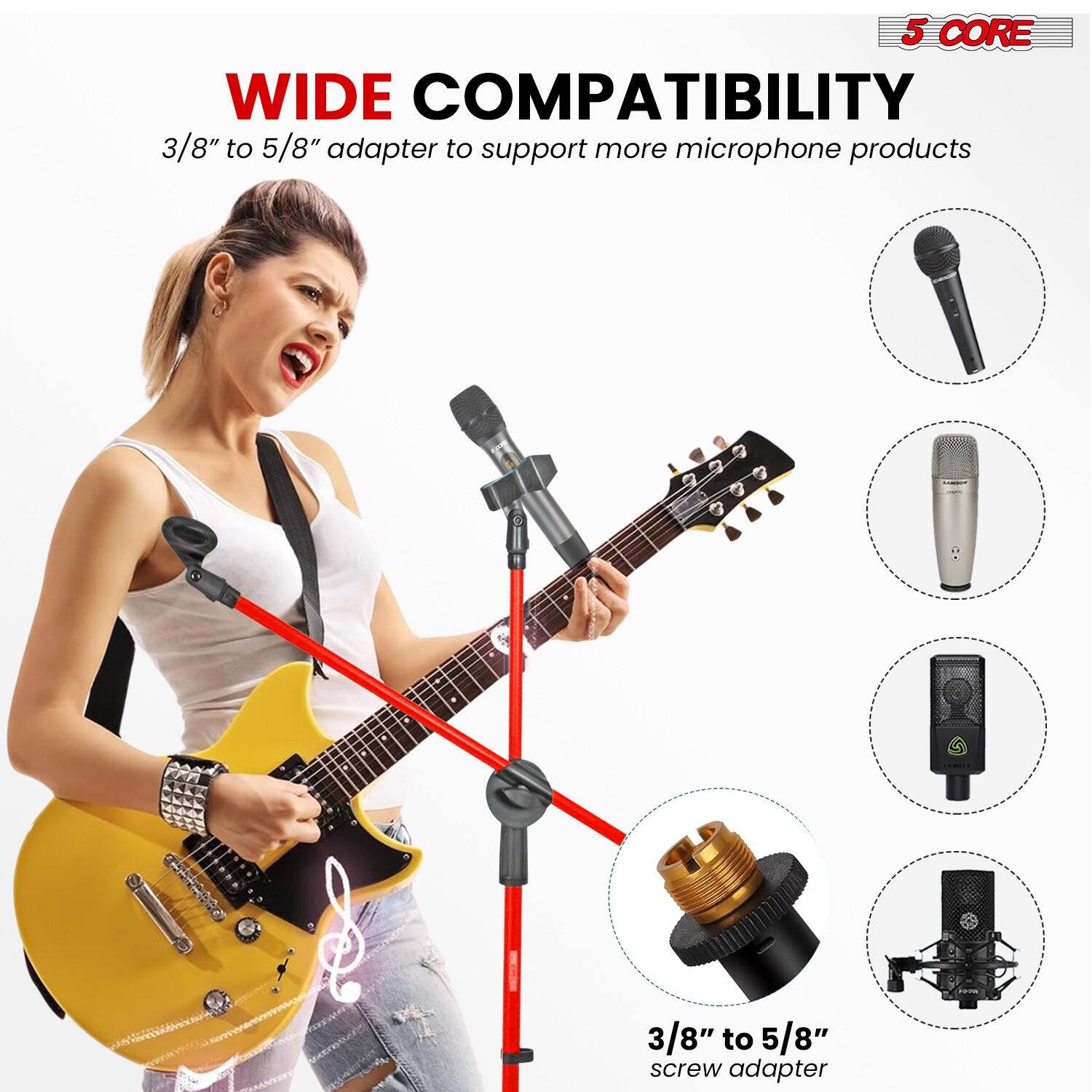 5 CORE, WIDE COMPATIBILITY, 3/8" to 5/8" adapter to support more microphone products, 3/8" to 5/8" screw adapter
