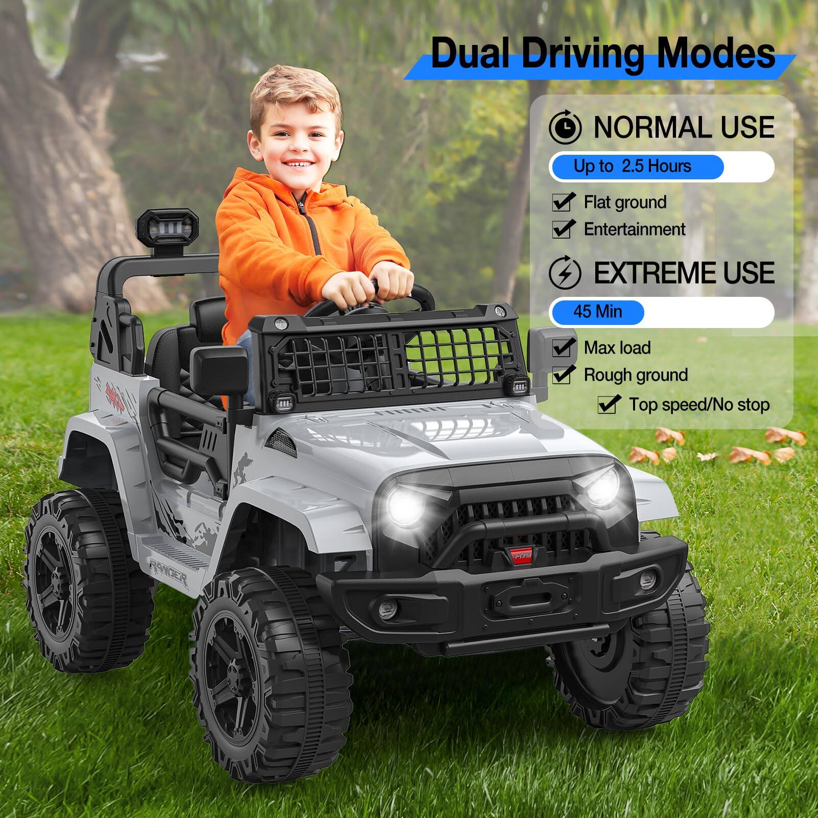 Dual Driving Modes

NORMAL USE
- Up to 2.5 Hours
- Flat ground
- Entertainment

EXTREME USE
- 45 Min
- Max load
- Rough ground
- Top speed/No stop