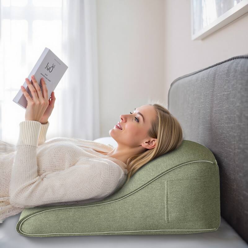 Front. wowmax - Reading in Bed Pillow - Lumbar Support w/Side Pocket - Linen Green - Long Pillow (20x9x22in) - Green.