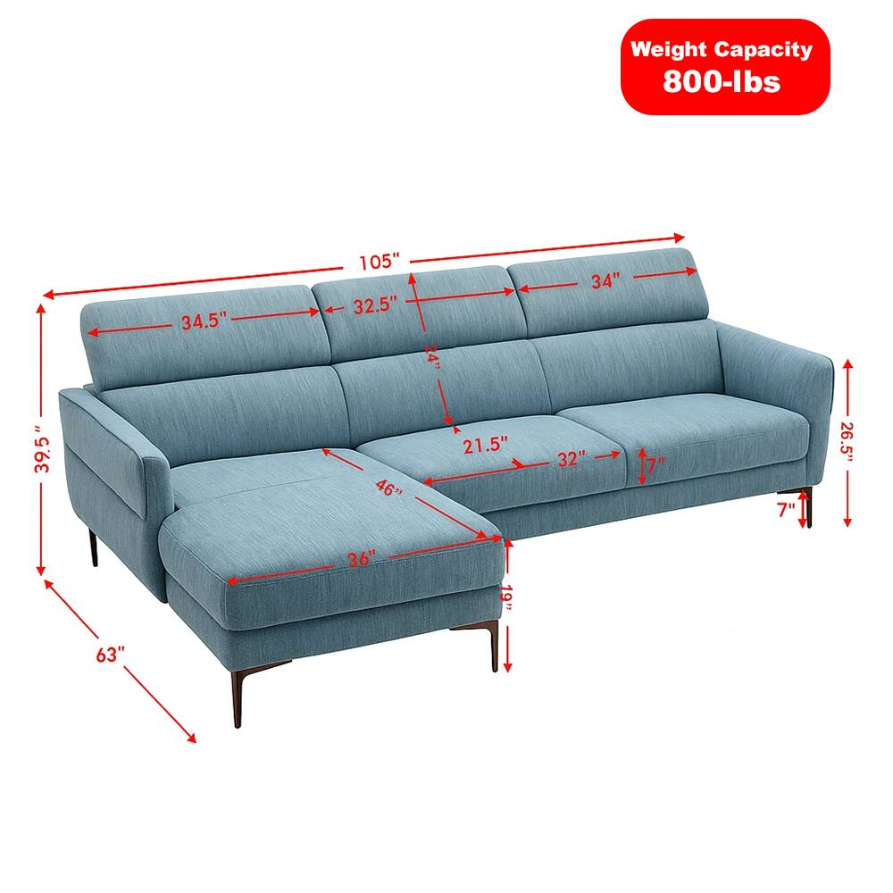 Left. Hivvago - L-Shaped Sectional Couch with Triple Adjustable Headrests - Blue.