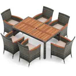 Mondawe - 7 Pieces Patio Acacia Wood Cushioned PE Rattan Wicker Dining Set - grey, natural