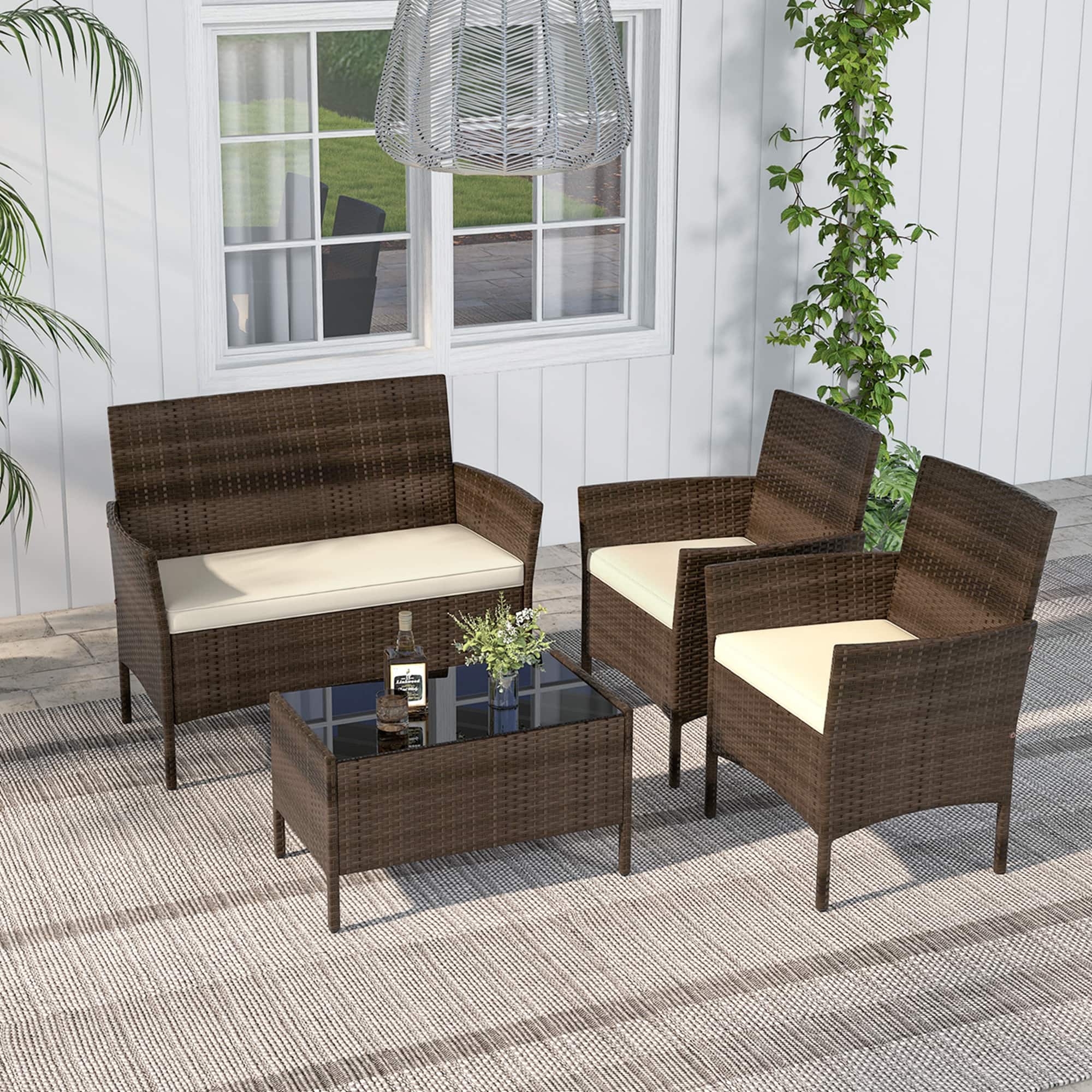 Alt View 4. Costway - 4 PCS Patio Furniture Set with Washable Cushions and Tempered Glass Coffee Table - Beige + Mix Brown.