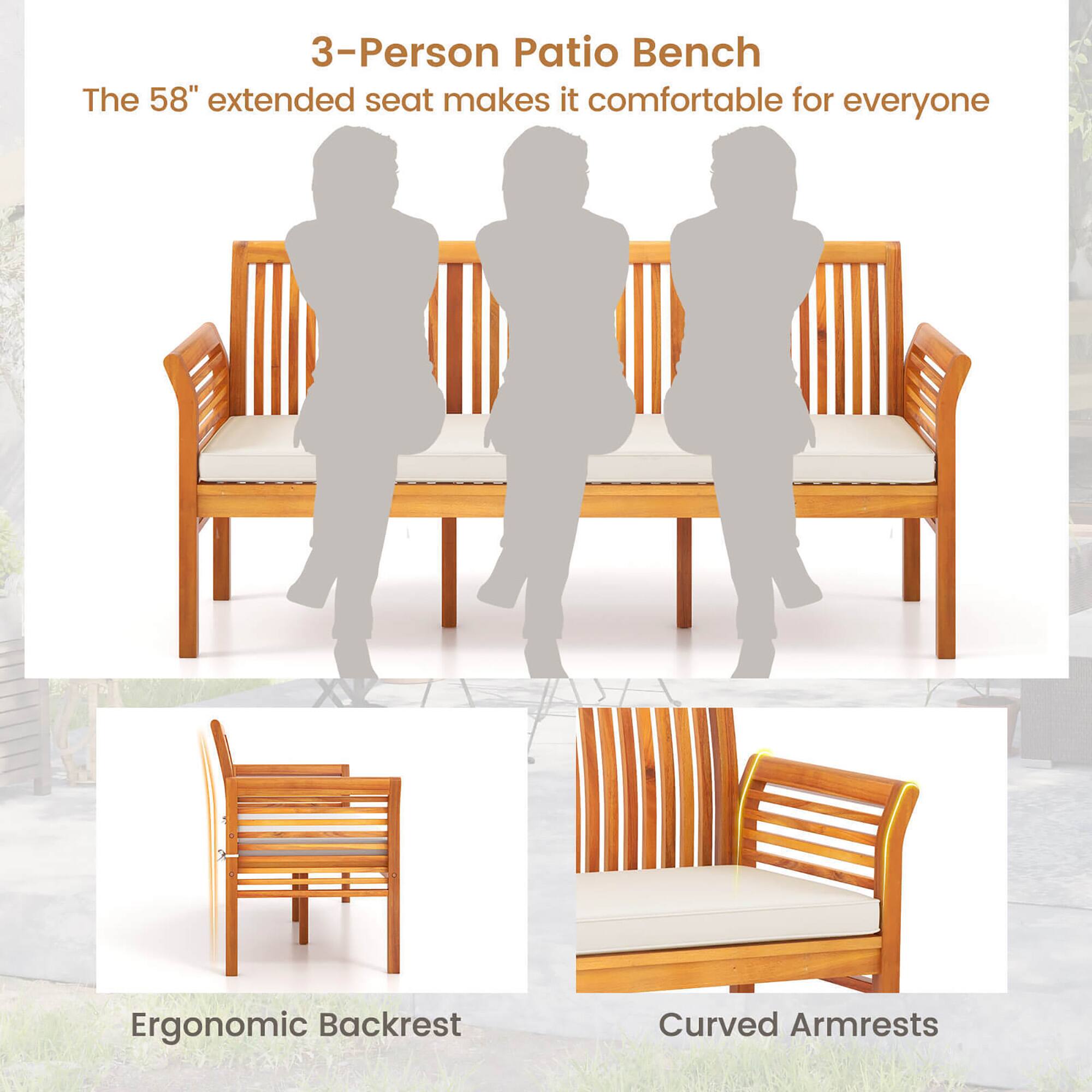 3-Person Patio Bench
The 58" extended seat makes it comfortable for everyone
Ergonomic Backrest
Curved Armrests