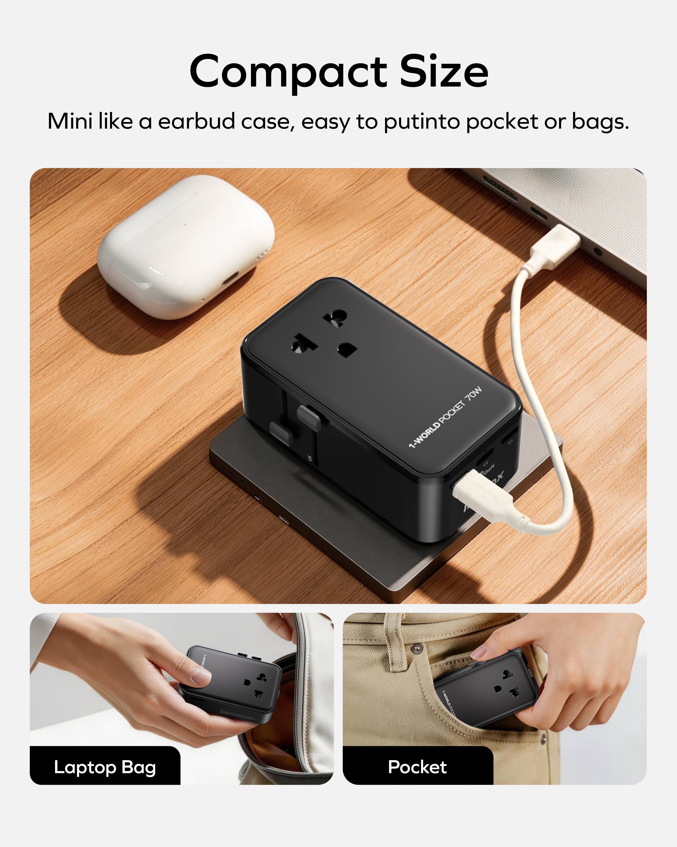 Compact Size  
Mini like a earbud case, easy to put into pocket or bags.  

70W 1-WORLD POCKET  

Laptop Bag  
Pocket