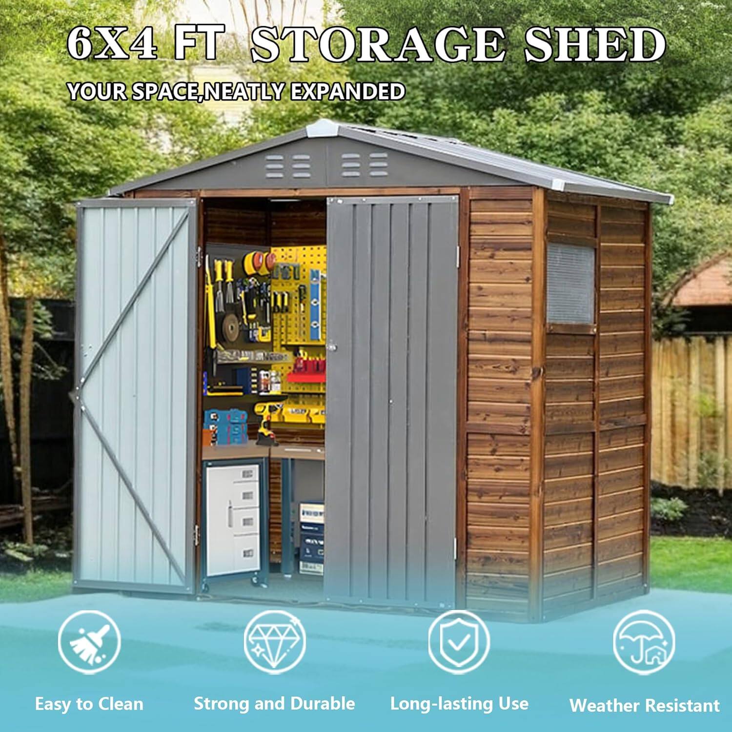 6X4 FT STORAGE SHED  
YOUR SPACE, NEATLY EXPANDED  

Easy to Clean  
Strong and Durable  
Long-lasting Use  
Weather Resistant
