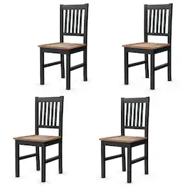 Costway - Set of 4 Dining Chair Kitchen Spindle Back Side Chair with Solid Wooden Legs - Black Base and Walnut Seat