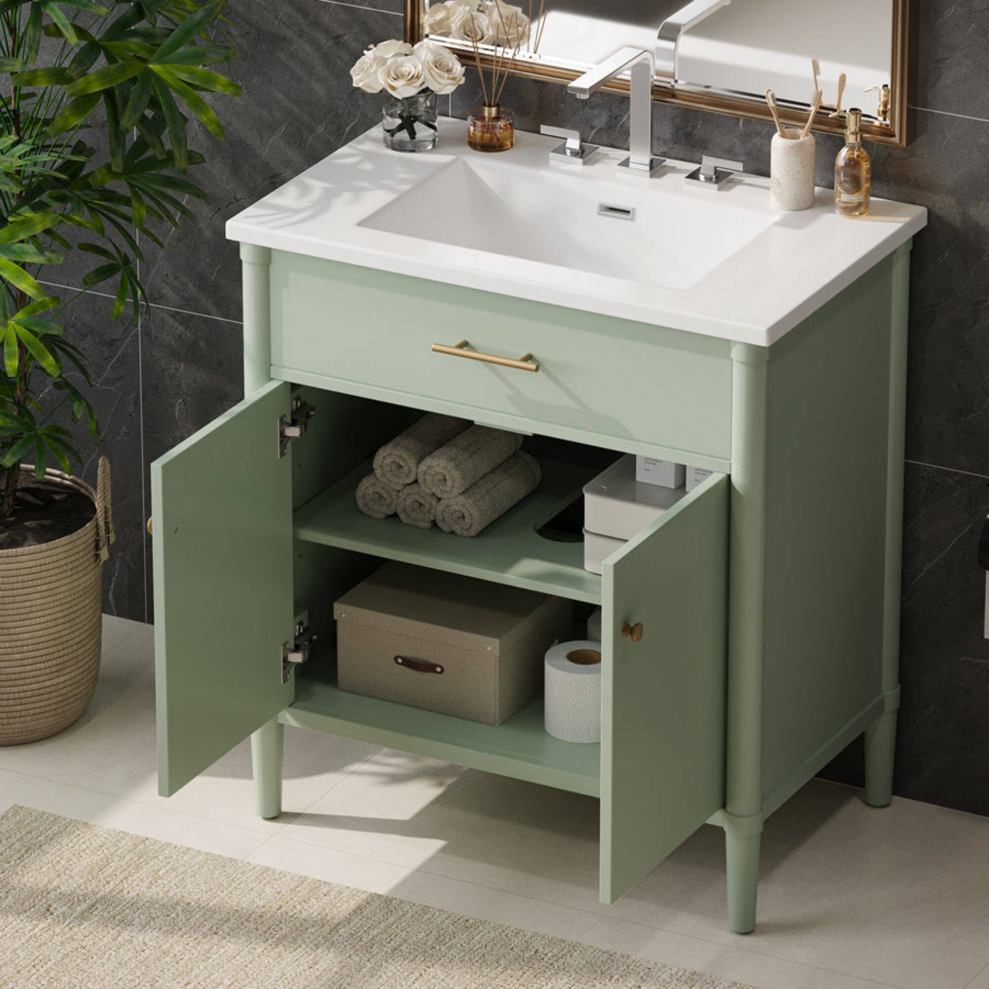 Back. Boyel Living - 31 Inch Bathroom Vanity with Sink Soft Close Doors Adjustable Shelf Curved Design Rubber Wood Legs Green - Green.