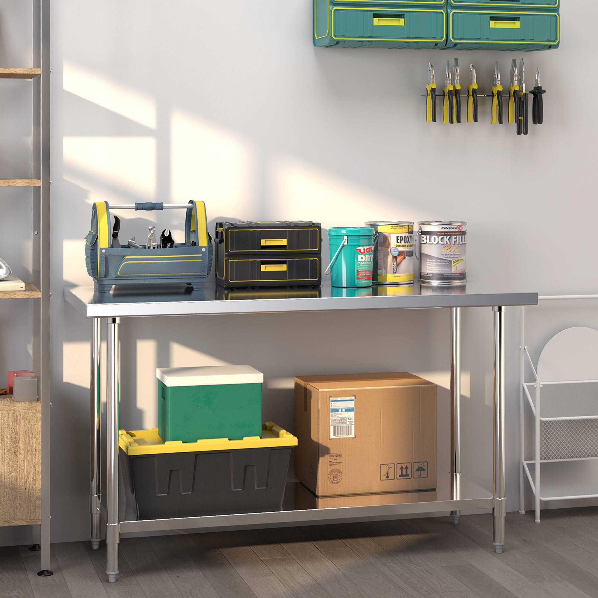 Sure, here is the corrected and grouped text from the image:

- LUGGAGE
- EPOXY DRY
- BLOCK FILLER 2X
- FANSTER
- EPOXY DRY
- BLOCK FILLER
- FANSTER
- (On the cardboard box) 
  - (Various symbols and text indicating handling instructions and recycling information)