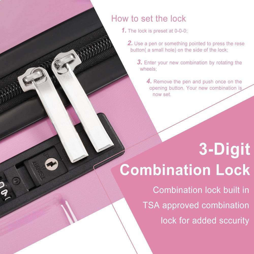 How to set the lock

1. The lock is preset at 0-0-0;
2. Use a pen or something pointed to press the reset button (a small hole) on the side of the lock;
3. Enter your new combination by rotating the wheels;
4. Remove the pen and push once on the opening button. Your new combination is now set.

3-Digit Combination Lock

Combination lock built in TSA approved combination lock for added security