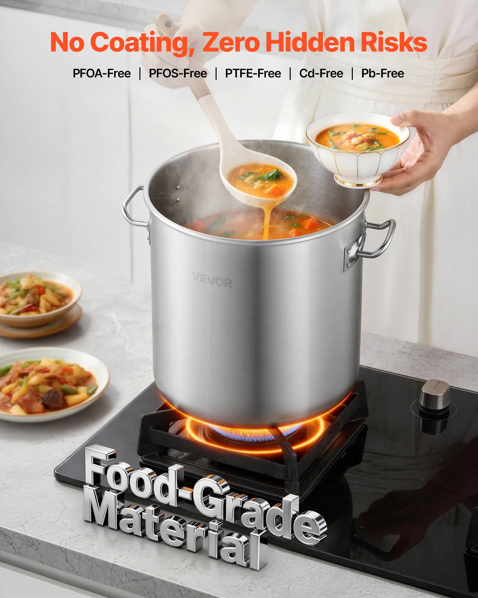 No Coating, Zero Hidden Risks  
PFOA-Free | PFOS-Free | PTFE-Free | Cd-Free | Pb-Free  

Food-Grade Material  

VEVOR