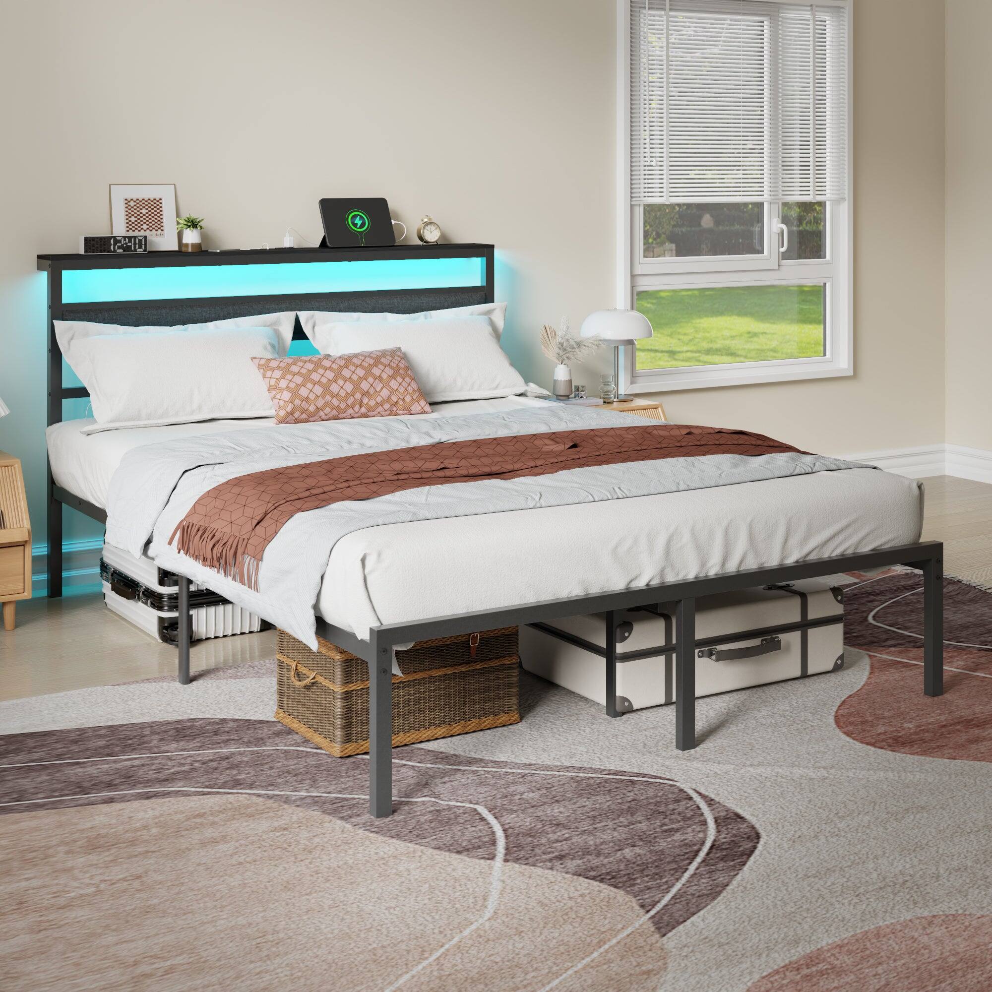 Angle. Furnulem - Black Bed Frame with LED Light and Charging Station Metal Frame with Upholstered Headboard Large Storage Space - Black.