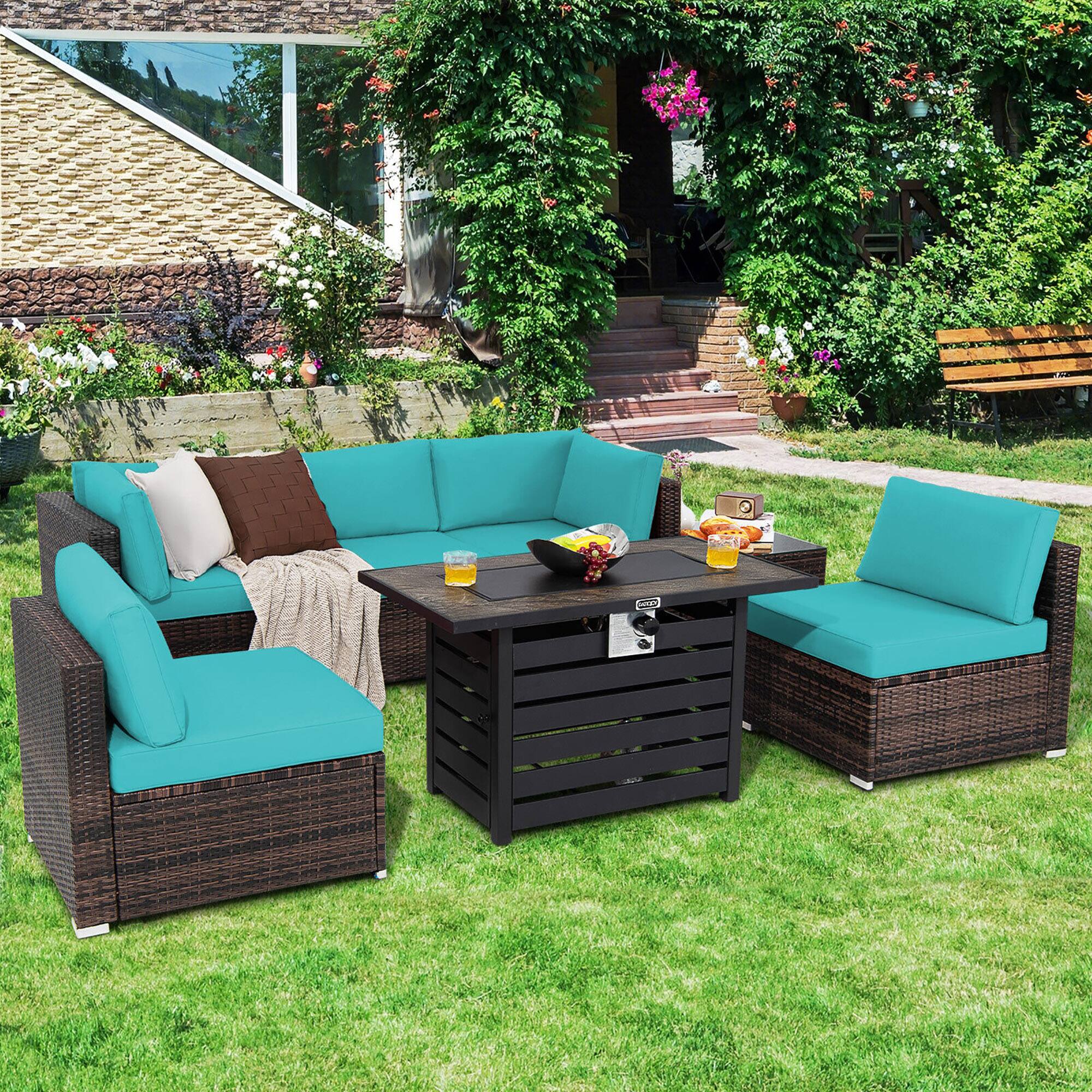 Alt View 2. Gymax - Gymax 7PCS Patio Rattan Furniture Set 42'' Fire Pit Table w/ Cover Cushioned Turquoise - Turquoise.