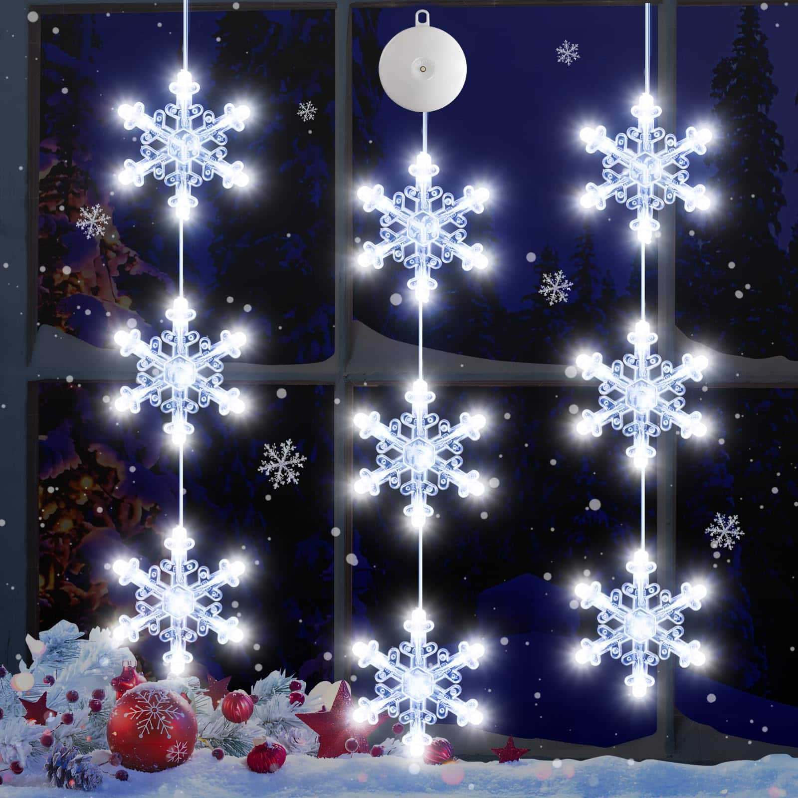 VEGA AUTOMOTIVE - Christmas Window Lights Decorations With Timer Hanging Lighted Snowflake Shaped Sucker String For Xmas Tree - Multicolor String