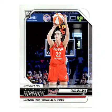 ROOKIE RC CARD
aiviti 5:25 - 5:25 16 FEVER 22
salesforce sal SEPTEMBER 1, 2024
PANINI A N N I INSTANT Fever
CAITLIN CLARK
FEVER
CLARK FIRST TO POST CONSECUTIVE 25-10 LINES