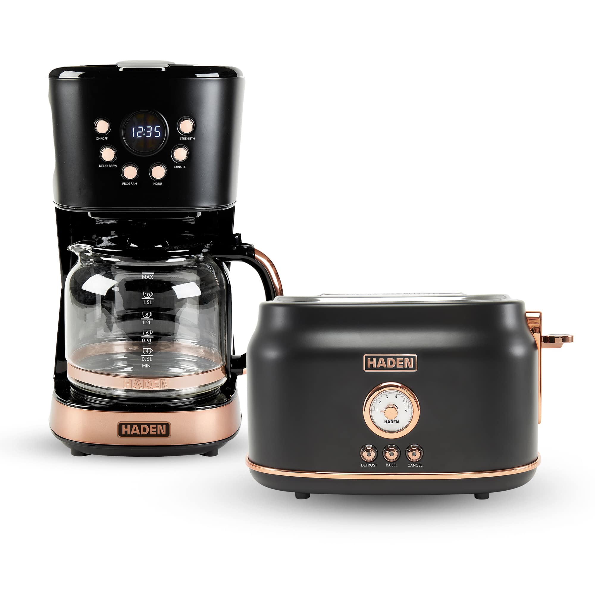 Haden - Dorset 2 Slice Wide Slot Toaster & 12 Cup Coffee Maker, Black & Copper - Black/Copper