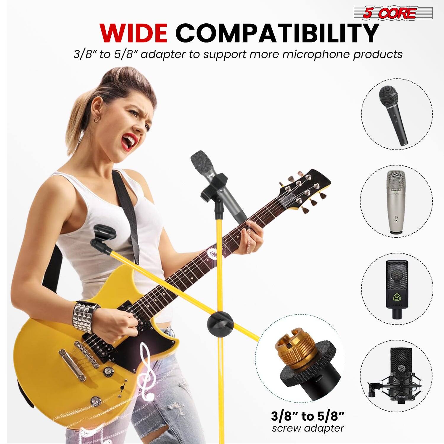 5 CORE, WIDE COMPATIBILITY, 3/8" to 5/8" adapter to support more microphone products, 3/8" to 5/8" screw adapter
