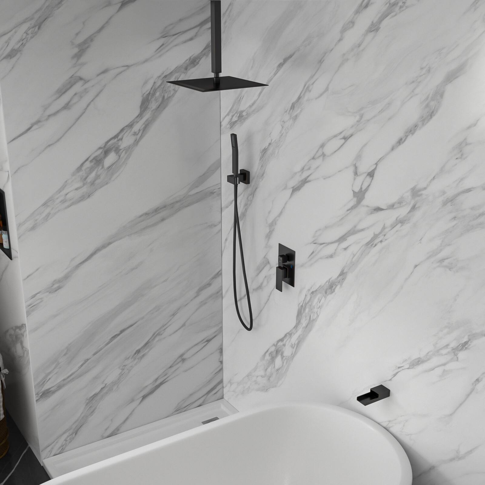 Back. Lordear - Shower System with Waterfall Tub Spout,12 Inch Ceiling Mount Square Shower System with Rough-in Valve,Oil Rubber Bronze - Oil Rubber Bronze.