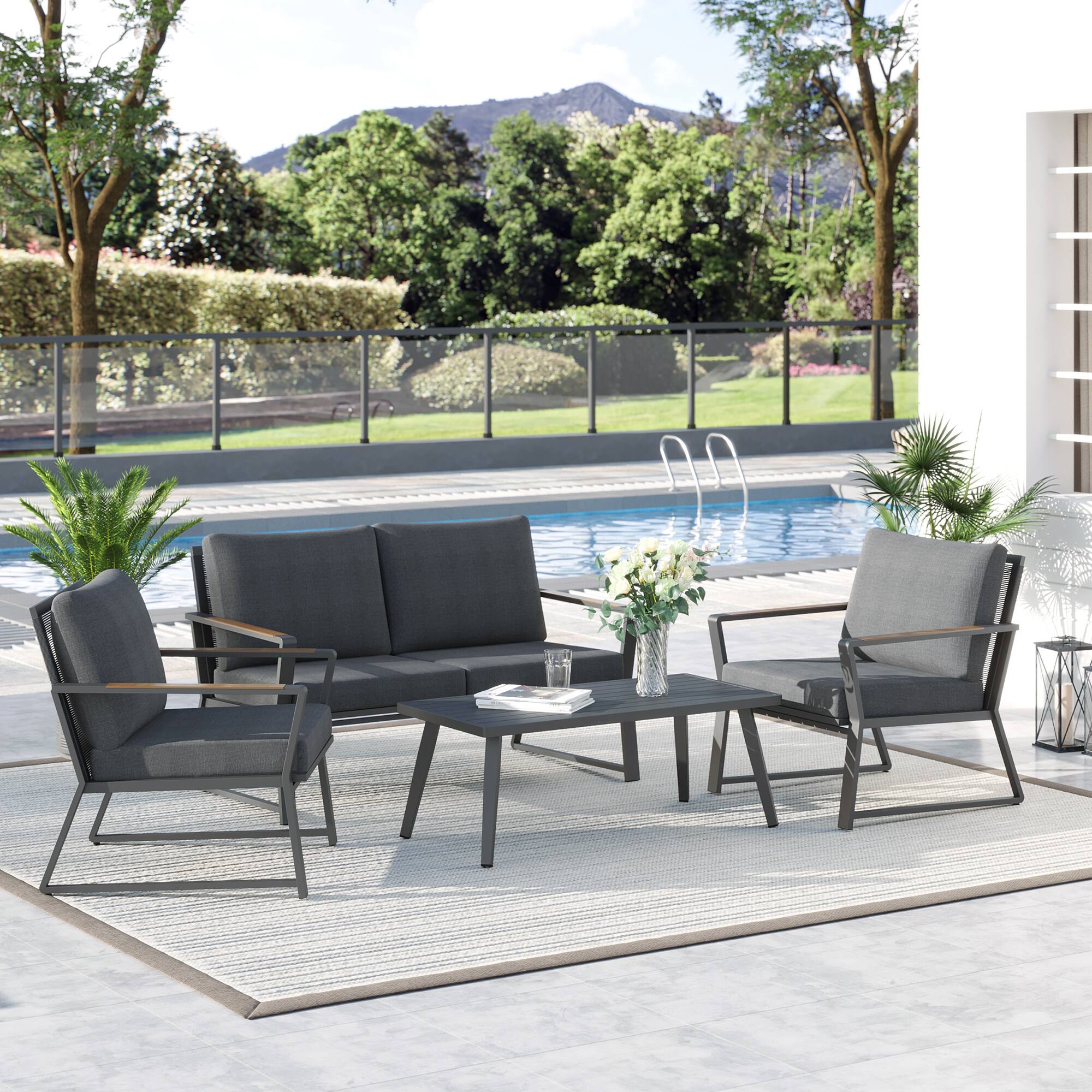 Alt View 1. Outsunny - 4 Piece Patio Furniture Set, Aluminum Conversation Set, Outdoor Garden Sofa Set with Armchairs - Dark Grey.