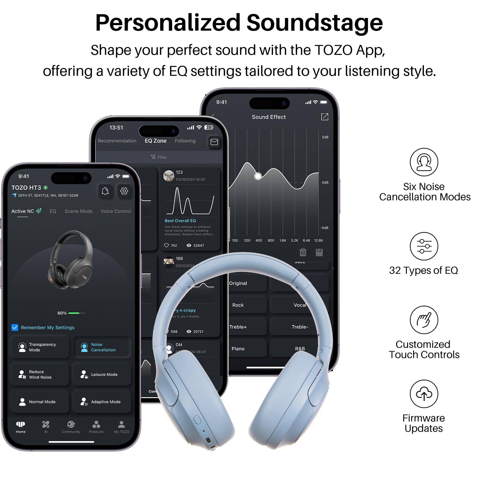 Personalized Soundstage  
Shape your perfect sound with the TOZO App, offering a variety of EQ settings tailored to your listening style.

- Six Noise Cancellation Modes
- 32 Types of EQ
- Customized Touch Controls
- Firmware Updates