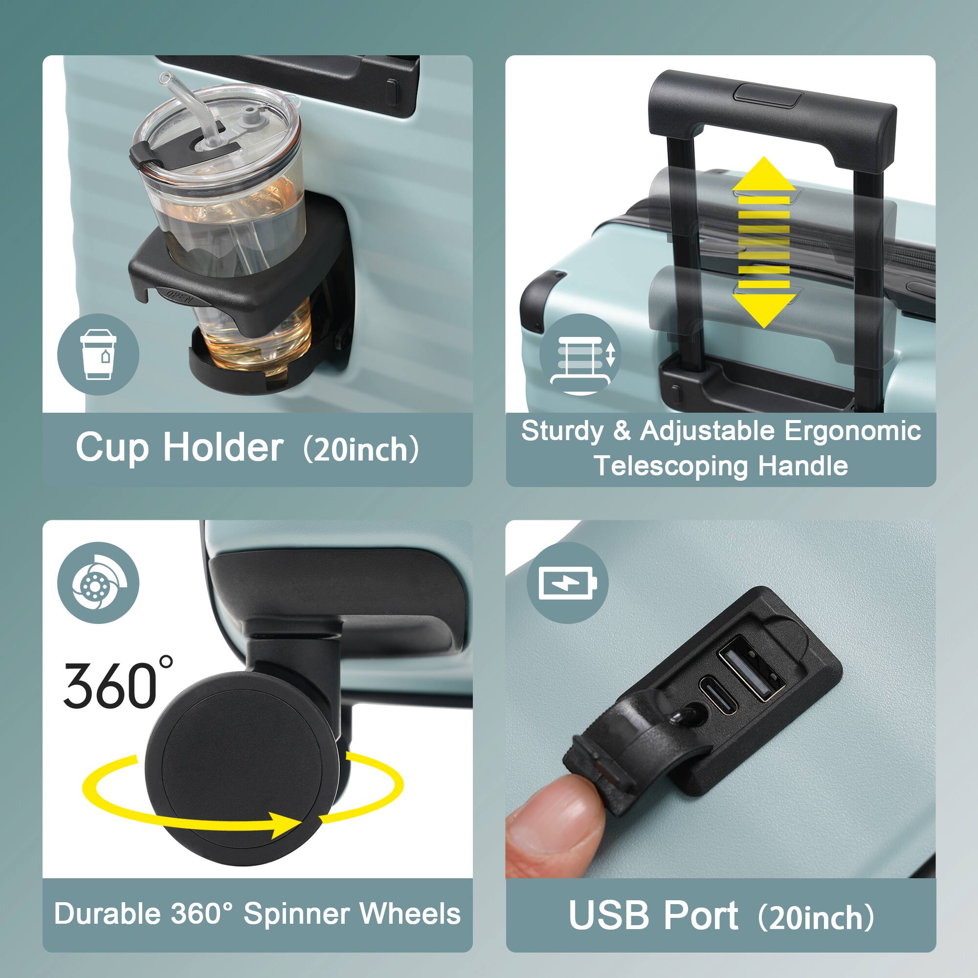 - Cup Holder (20inch)
- Sturdy & Adjustable Ergonomic Telescoping Handle
- Durable 360° Spinner Wheels
- USB Port (20inch)