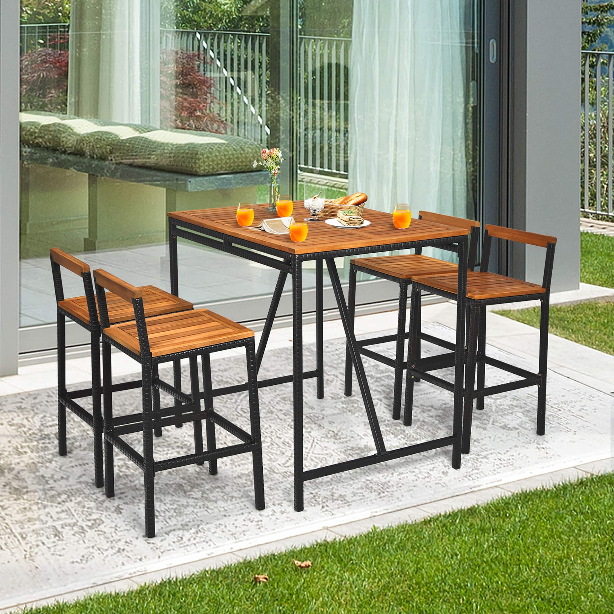 Costway - 5PCS Patio Rattan Bar Table Stool Set Acacia Wood Top W/Umbrella Hole - See picture