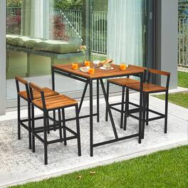 Costway - 5PCS Patio Rattan Bar Table Stool Set Acacia Wood Top W/Umbrella Hole - See picture