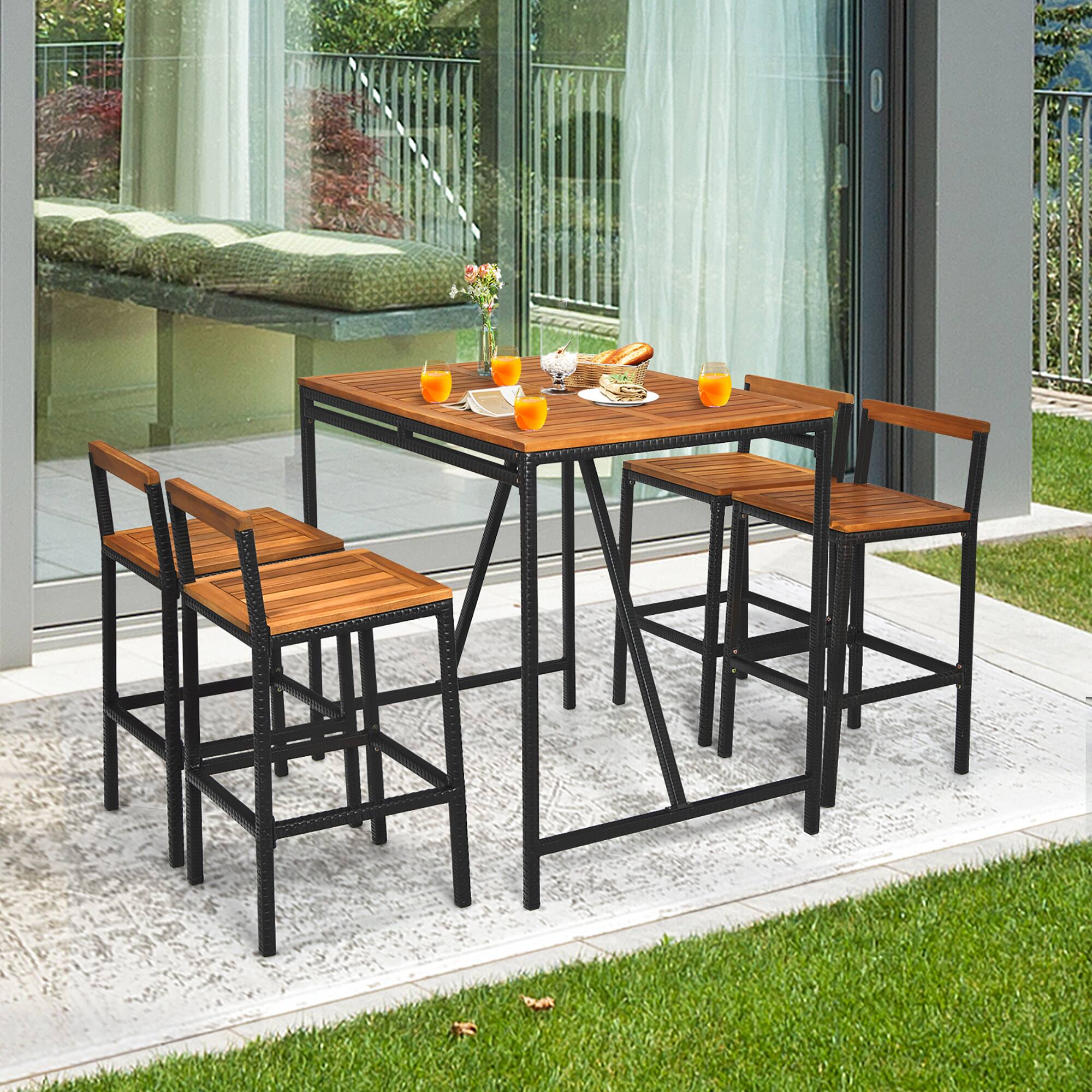 Alt View 1. Costway - Costway 5PCS Patio Rattan Bar Table Stool Set Acacia Wood Top W/Umbrella Hole - Black,Natural.