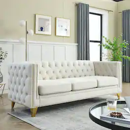 Loheer - Beige Velvet Sofa, 3-Seat Chesterfield Couch with Button Tufted Square Arms and Metal Legs for Modern Living Room - Beige